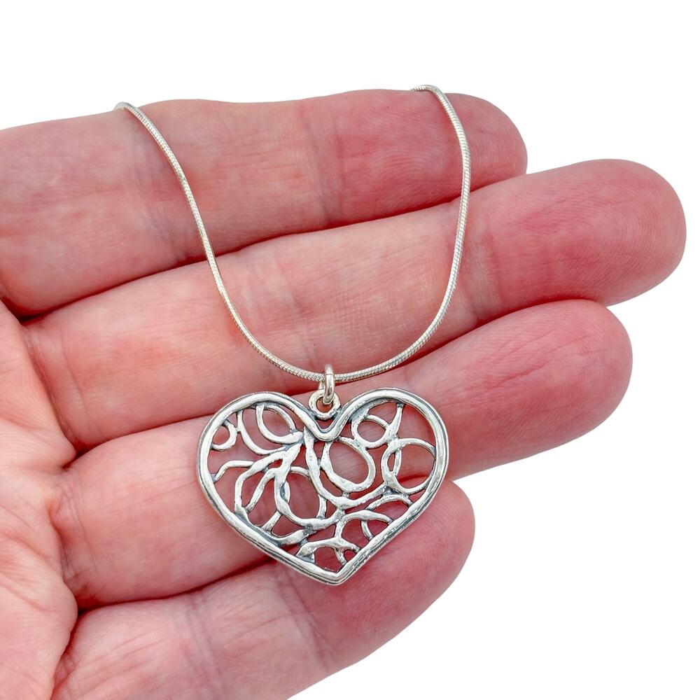 Vintage Sterling Silver 925 Filigree Heart Pendant Necklace 18"